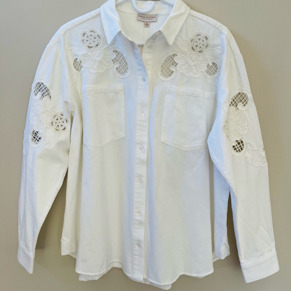 Super Natural by Secret Mission Cotton Twill Eyelet Shirt Jacket In Ecru, Sz M